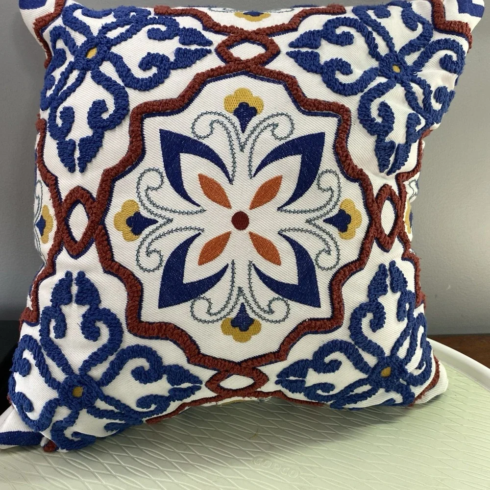 16x16 plump textured geometric pattern‎ throw pillow. blue/white/yellow/rust
